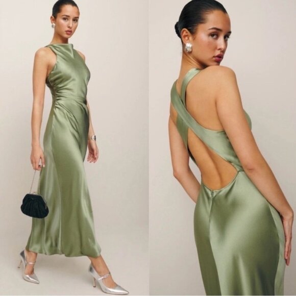 Reformation Dresses & Skirts - NEW NWT Reformation Casette Silk Maxi Dress Artichoke Sage Green Open Back